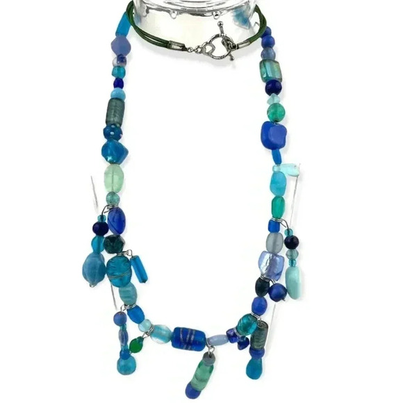 Frosted Blue Glass Boho Style Beaded Necklace 25" Shades Dangle Frosted Beads - Picture 2 of 10
